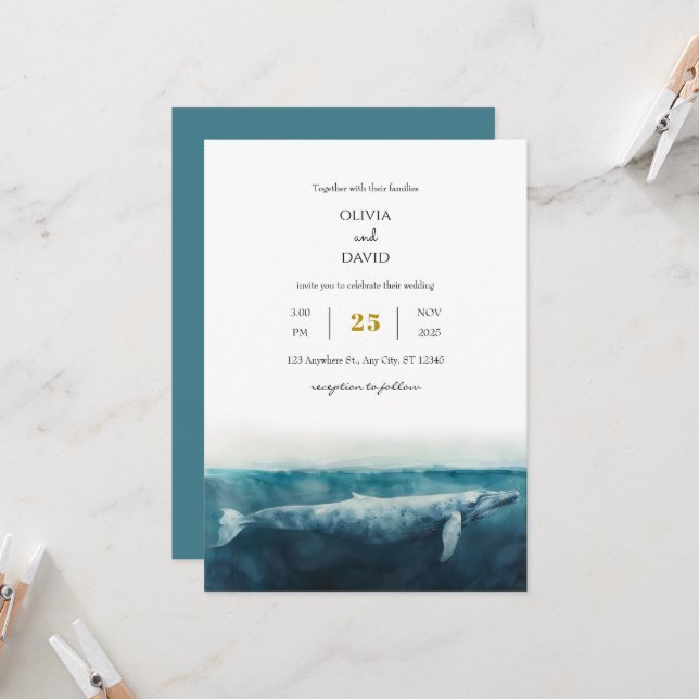 Elegant Oceanic Blue Whale Artistic Beach Wedding  Invitation (Front/Back In Situ)