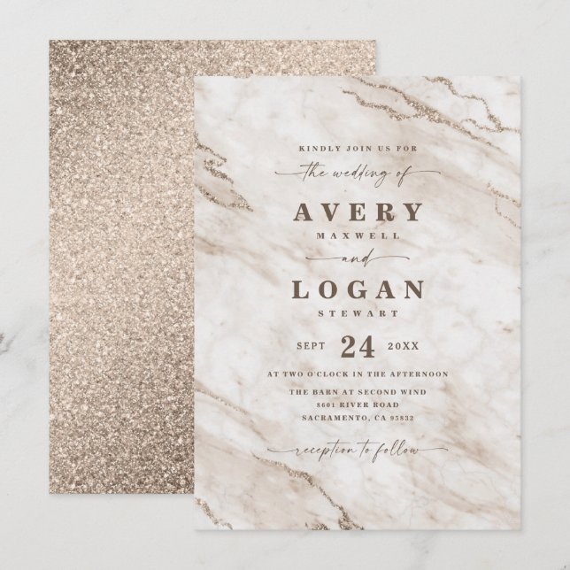 Elegant Off White Beige Marble & Glitter Wedding Invitation (Front/Back)