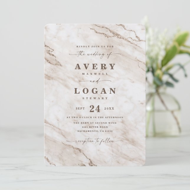 Elegant Off White Beige Metallic Marble Wedding Invitation (Standing Front)