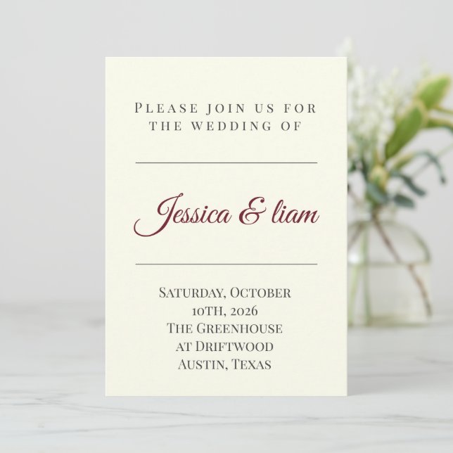 Elegant Off-White & Burgundy Minimalist Wedding Invitation (Standing Front)