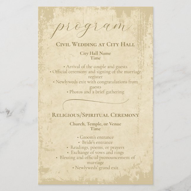 Elegant Off-White Grunge Wedding Program (Front)