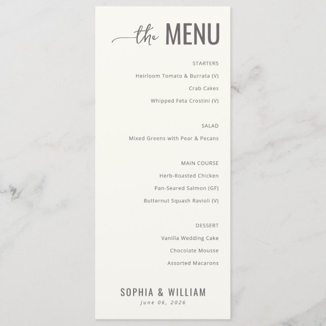 Elegant Off-White Minimalist Wedding Menu (Front)