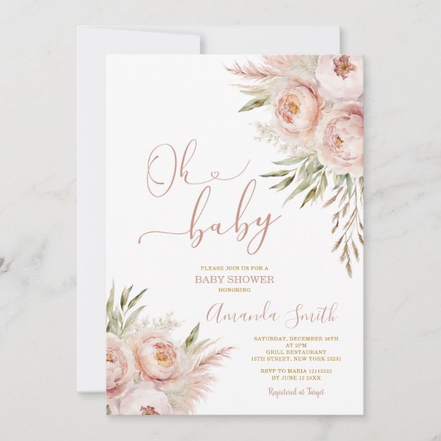 Elegant Oh Baby Boho Pink Peach Floral Baby Shower Invitation (Front)
