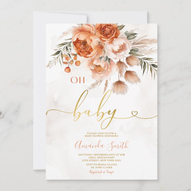 Elegant Oh Baby Burnt Orange Flowers Baby Shower Invitation (Front)