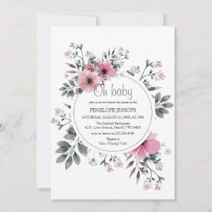 Elegant 'Oh Baby' Pink & Grey Floral Baby Shower Invitation