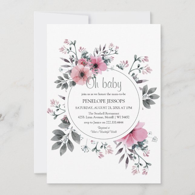 Elegant 'Oh Baby' Pink & Grey Floral Baby Shower Invitation (Front)