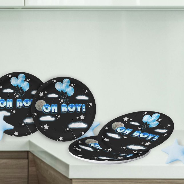 Elegant Oh Boy Blue Balloons Galaxy Baby Shower Paper Plate (Creator Uploaded)
