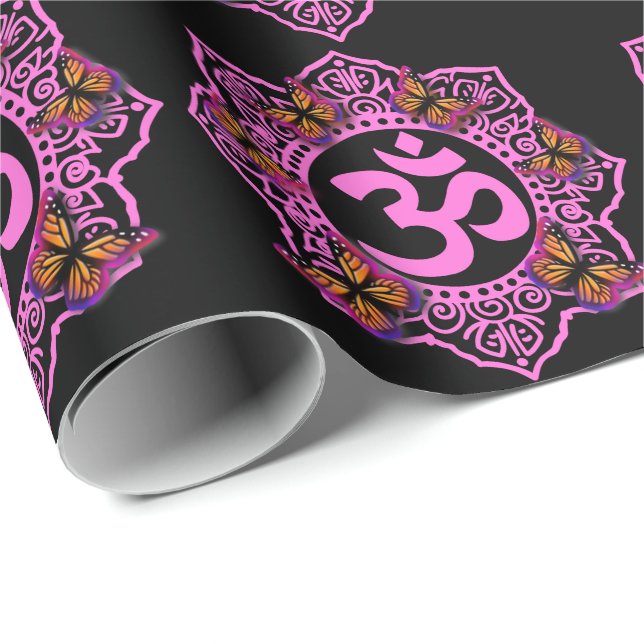 Elegant ohm mandala design pink purple butterflies wrapping paper (Roll Corner)