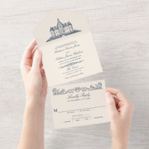 Elegant Old Chateau Manor Wedding All In One Invitation