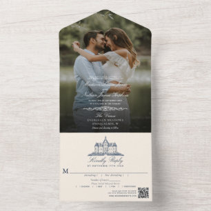 Elegant Old Chateau Manor Wedding Photo QR Code All In One Invitation