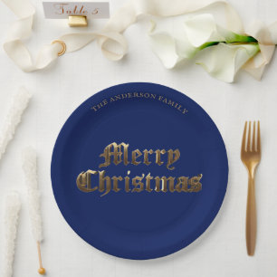 Elegant Old English Lettering Blue Merry Christmas Paper Plate