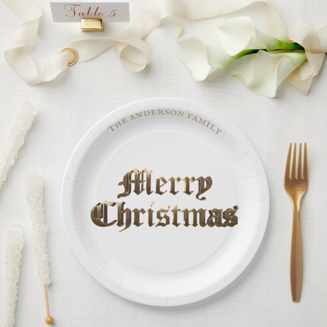 Elegant Old English Lettering Gold Merry Christmas Paper Plate (Wedding)