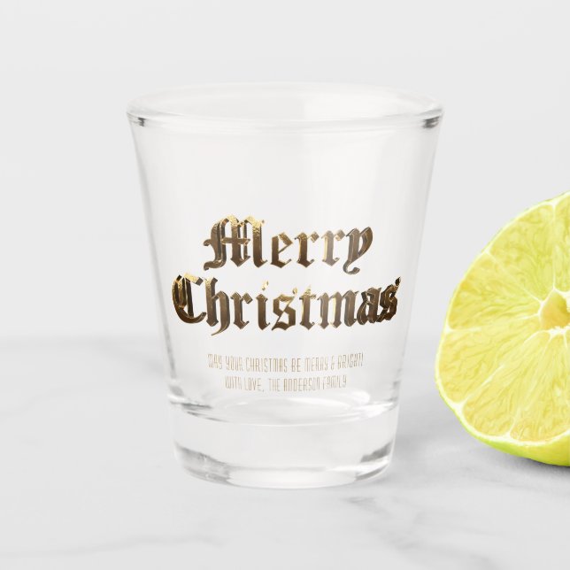 Elegant Old English Lettering Merry Christmas Shot Glass (Front)