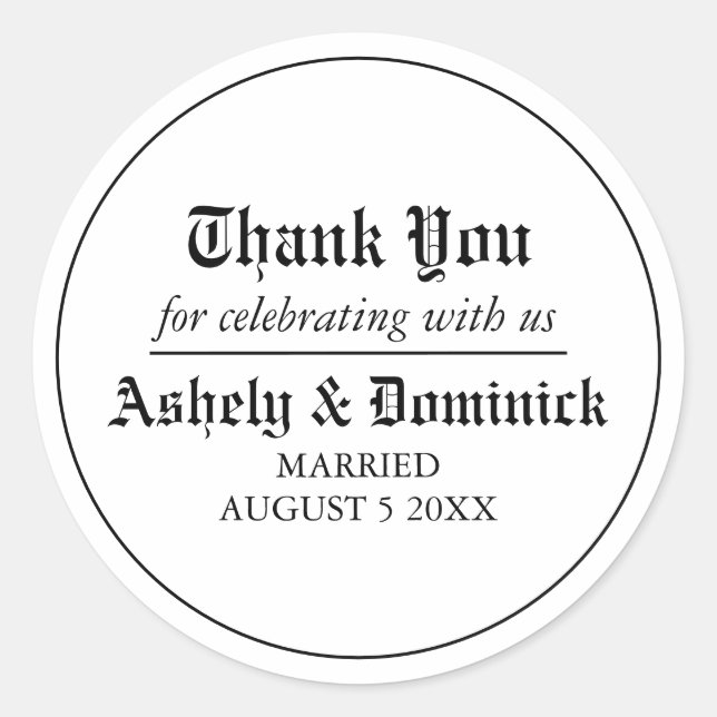 Elegant Old English Thank You Wedding Favour  Classic Round Sticker (Front)