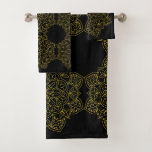 Elegant Old Gold Mandalas on Black Bath Towel Set
