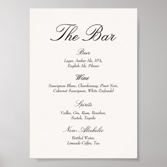 Elegant Old Money Black and Ivory Wedding Bar Poster (Front)