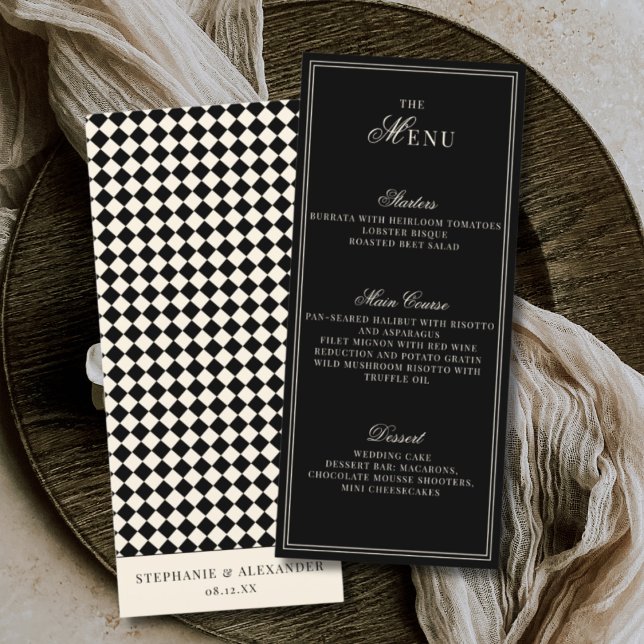 Elegant Old Money Black Ivory Chequered Wedding Menu (Creator Uploaded)