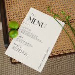 Elegant old money black Minimal Wedding Table   Menu<br><div class="desc">A retro chic theme: adopt this slightly vintage and stylish typographic design for your wedding stationery, with a classic black and Ivory Cream theme. Customisable text, colours and backgrounds. Elegant Wedding Table Menu Cards Flat Menu Elegant Calligraphy Eat and Drink Wedding Menus | Simple Calligraphy Rustic Wedding Menus Wedding Menus,...</div>