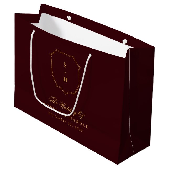Elegant Old Money Burgundy Gold Monogram Wedding Large Gift Bag (Front Angled)