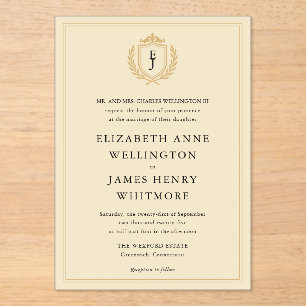 Elegant Old Money Crest - Ivory & Gold Wedding Acrylic Invitations