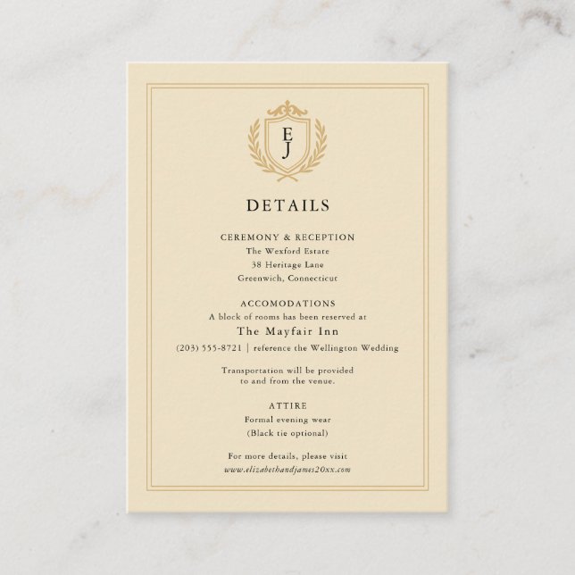 Elegant Old Money Crest - Ivory & Gold Wedding Enclosure Card (Front)