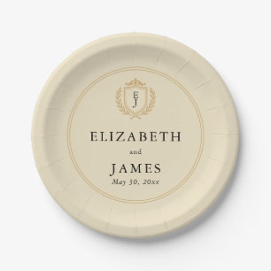Elegant Old Money Crest - Ivory & Gold Wedding Paper Plate