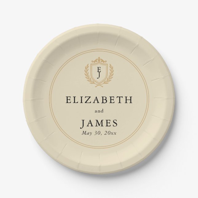 Elegant Old Money Crest - Ivory & Gold Wedding Paper Plate (Front)