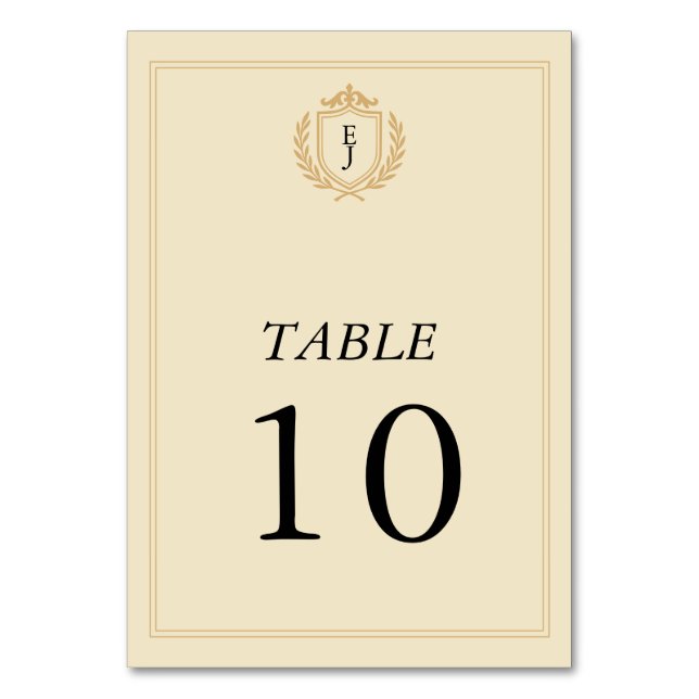 Elegant Old Money Crest - Ivory & Gold Wedding Table Number (Front)