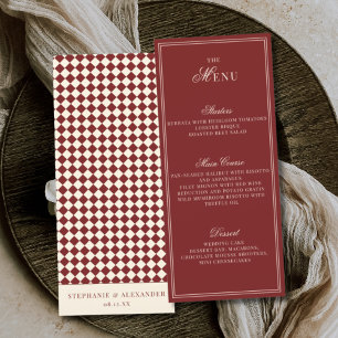 Elegant Old Money Deep Red Ivory Chequered Wedding Menu