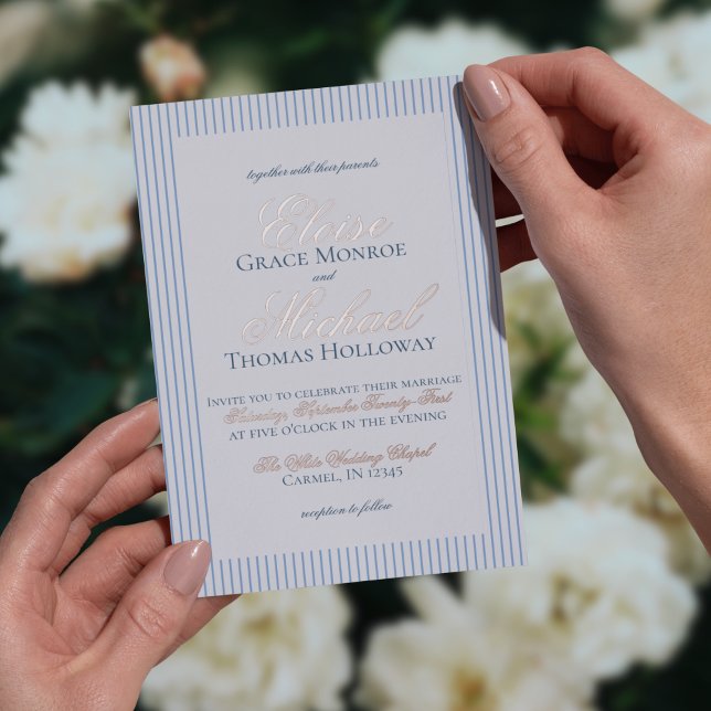 Elegant Old Money Script Blue Stripe Wedding (Formally invite guests to your big day with this Elegant Old Money Script Thin Stripe Foil Card!)