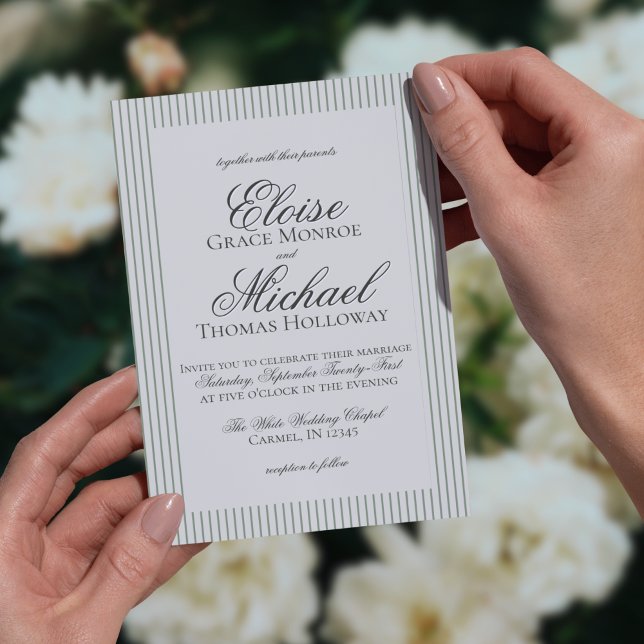 Elegant Old Money Script Green Stripe Wedding Invitation (Formally invite guests to your big day with this Elegant Old Money Script Thin Stripe Card!)