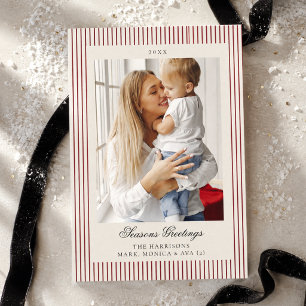 Elegant Old Money Script Red Stripe Photo Holiday Card