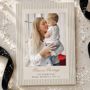 Elegant Old Money Script Sage Green Stripe Photo Foil Holiday Card