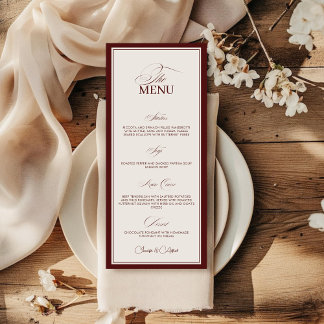 Elegant Old Money Wedding Red Dinner Menu Card