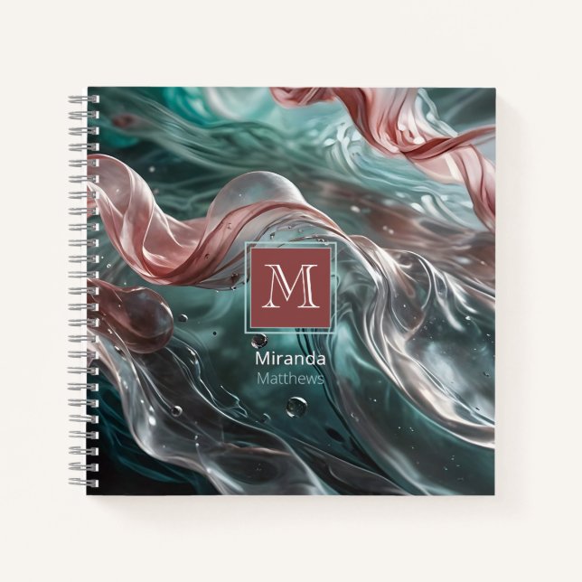 Elegant Old Rose and Emerald Silk Water Typography Notebook (Front)