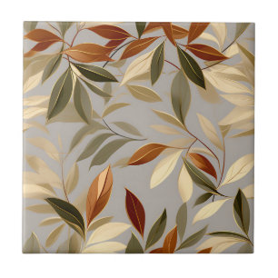 Elegant Olive and Gold Leaves Pattern Tile