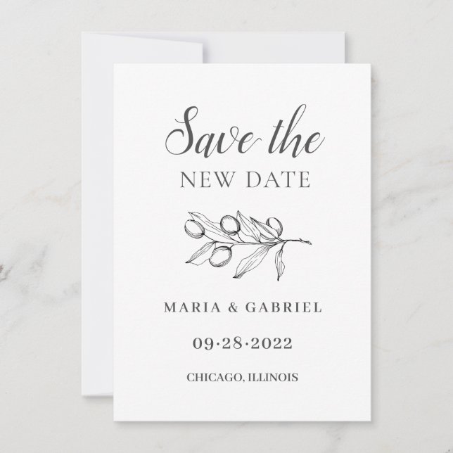 Elegant Olive.Black white Wedding Change Save The Date (Front)