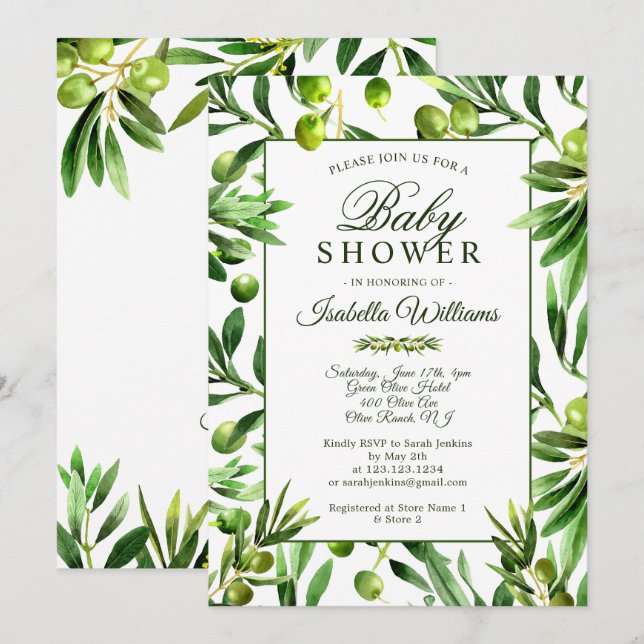 Elegant Olive Boho Garden Baby Shower Invitation (Front/Back)
