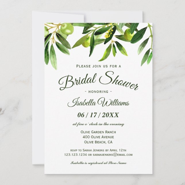 Elegant Olive Boho Summer Bridal Shower Invitation (Front)