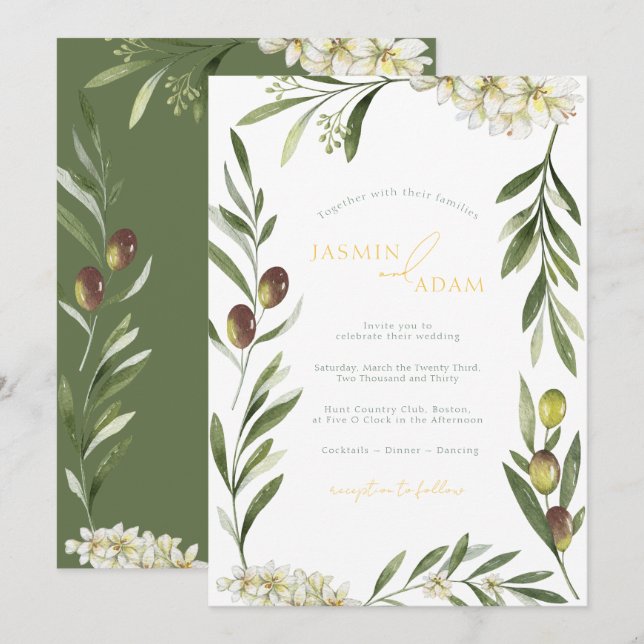 Elegant Olive Branch Botanical Wedding Invitation (Front/Back)