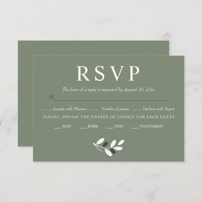 Elegant olive branch Mediterranean charm wedding RSVP Card (Front/Back)