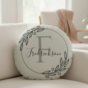 Elegant Olive Branch Monogram Script Family Name Round Cushion