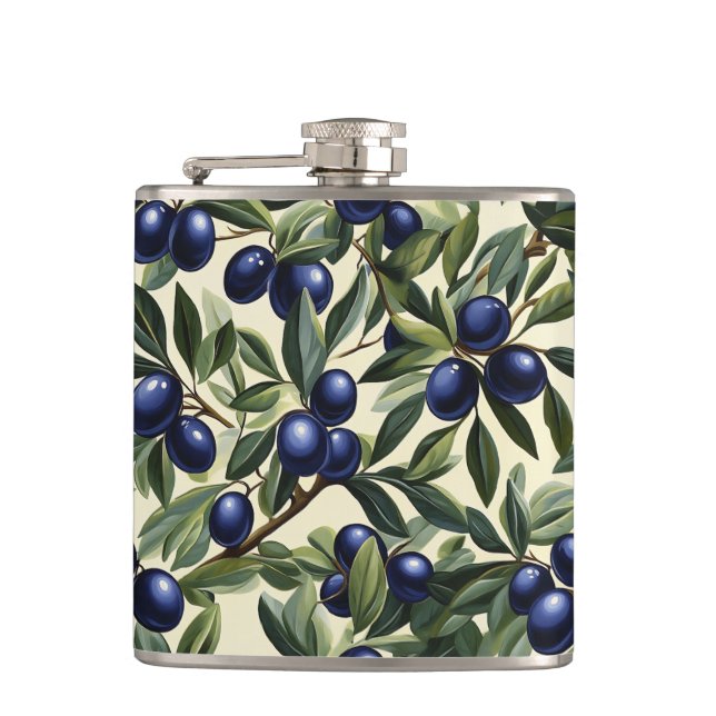 Elegant Olive Branch Pattern with Deep Blue Olives Hip Flask (Front)