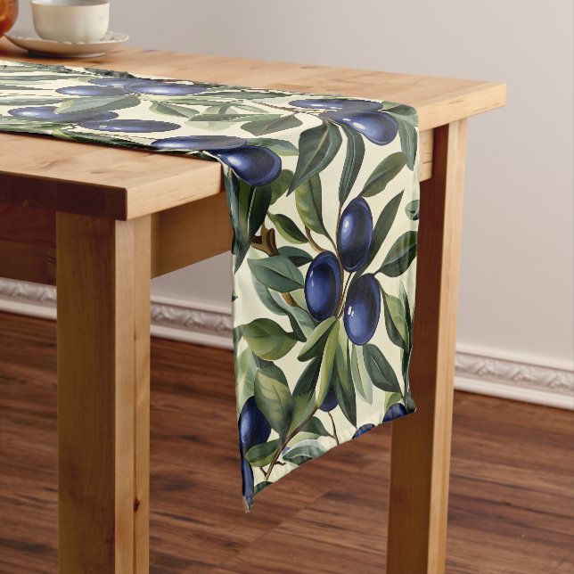 Elegant Olive Branch Pattern with Deep Blue Olives Short Table Runner (In Situ)
