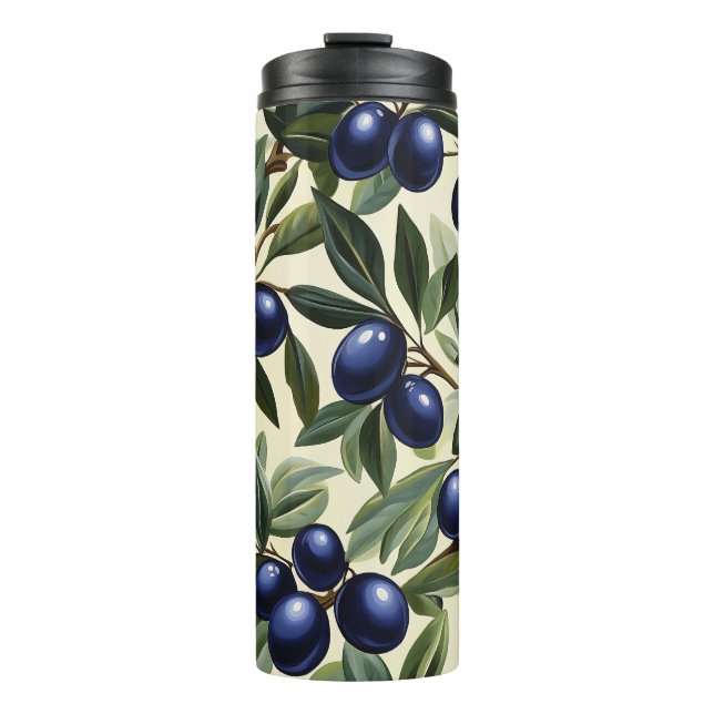 Elegant Olive Branch Pattern with Deep Blue Olives Thermal Tumbler (Front)