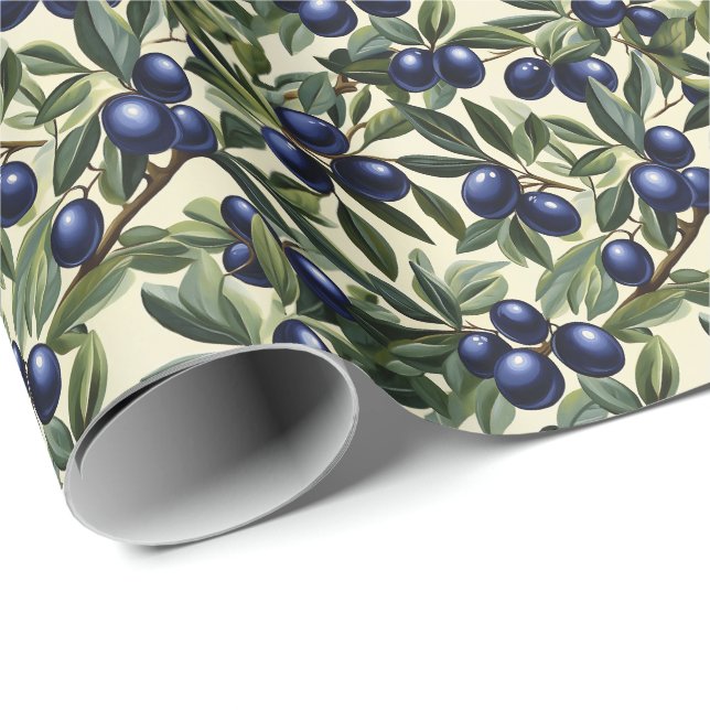 Elegant Olive Branch Pattern with Deep Blue Olives Wrapping Paper (Roll Corner)