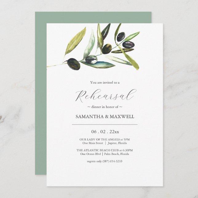 Elegant Olive Branch Rehearsal Dinner Invitation (Front/Back)