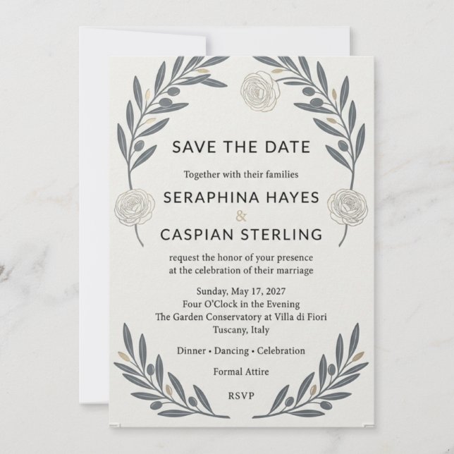 Elegant Olive Branch & Rose Wedding Invitation  (Front)