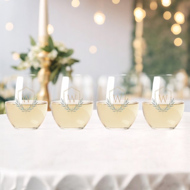 Elegant Olive Branch Shield with Monogram Stemless Wine Glass (Insitu (Wedding))