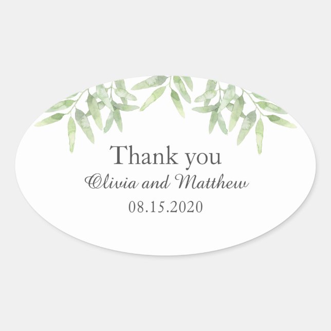 Elegant Olive Branch. Simple wedding Thank You Oval Sticker (Front)